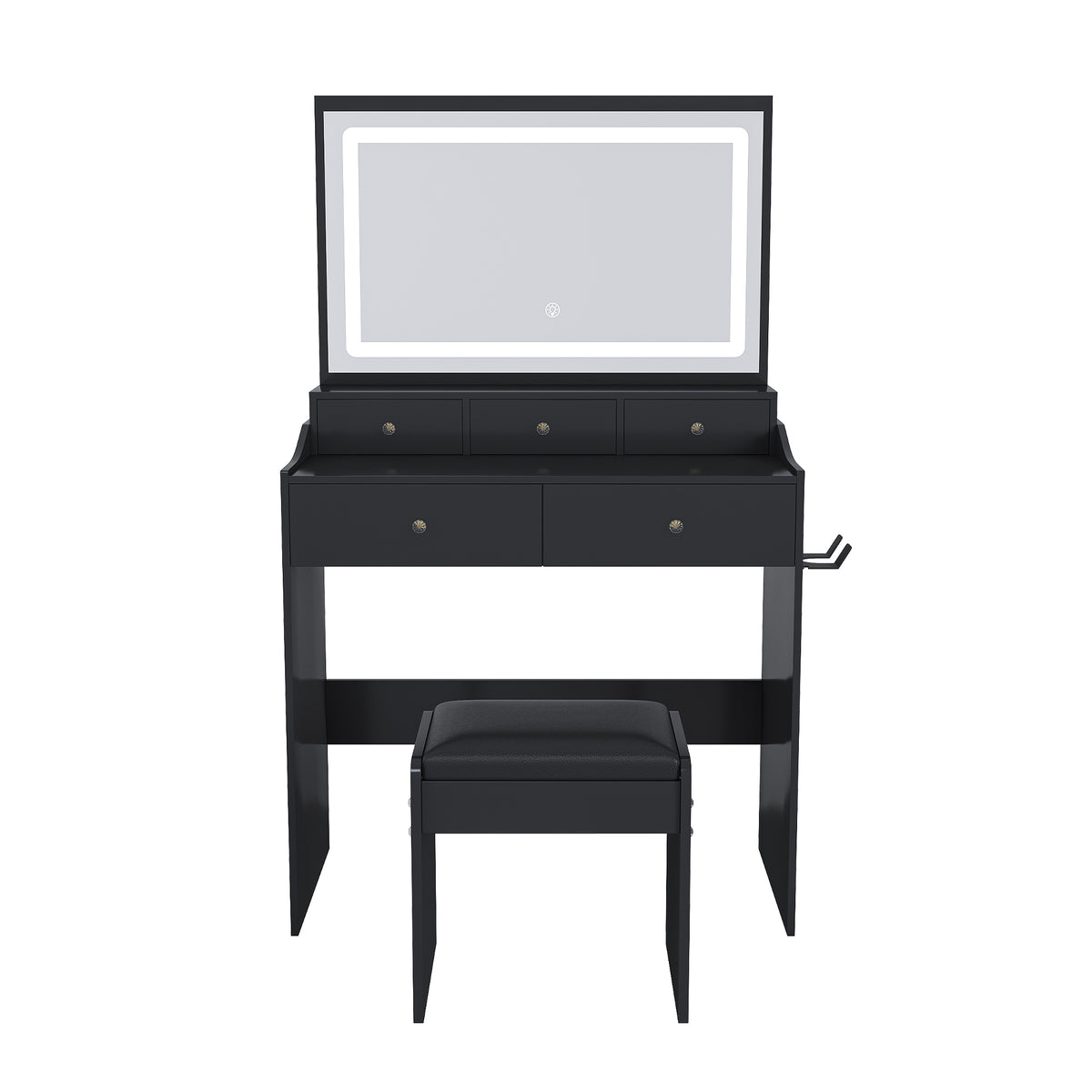 Modern Black Makeup Vanity Set with Power Outlet, Hair Dryer Holder, and Adjustable Lighting
