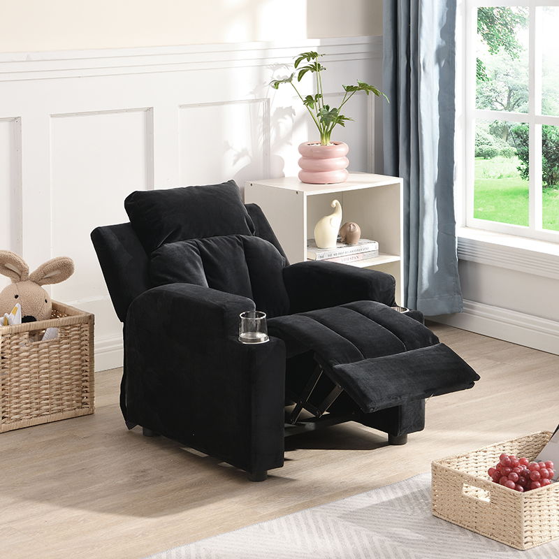 Kids Recliner Chair, Kids Upholstered Couch With One Cup Holder, Toddlers Recliner With Headrest And Footrest - Black by Couch.com