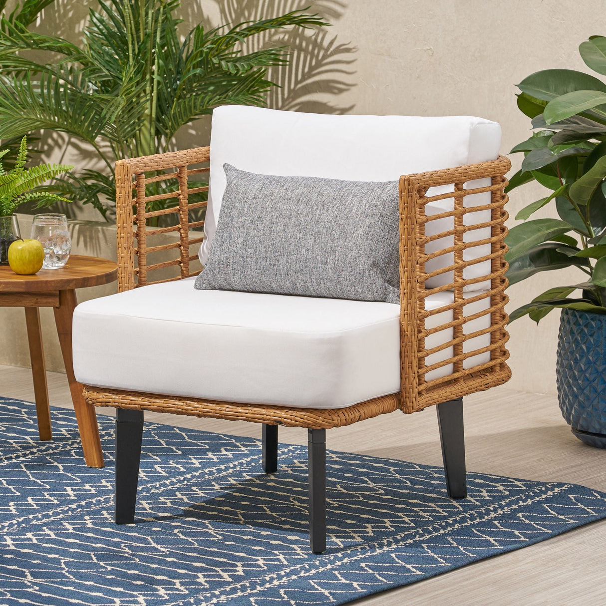 Outdoor Wicker Club Chair with Water Resistant Cushion - Brown