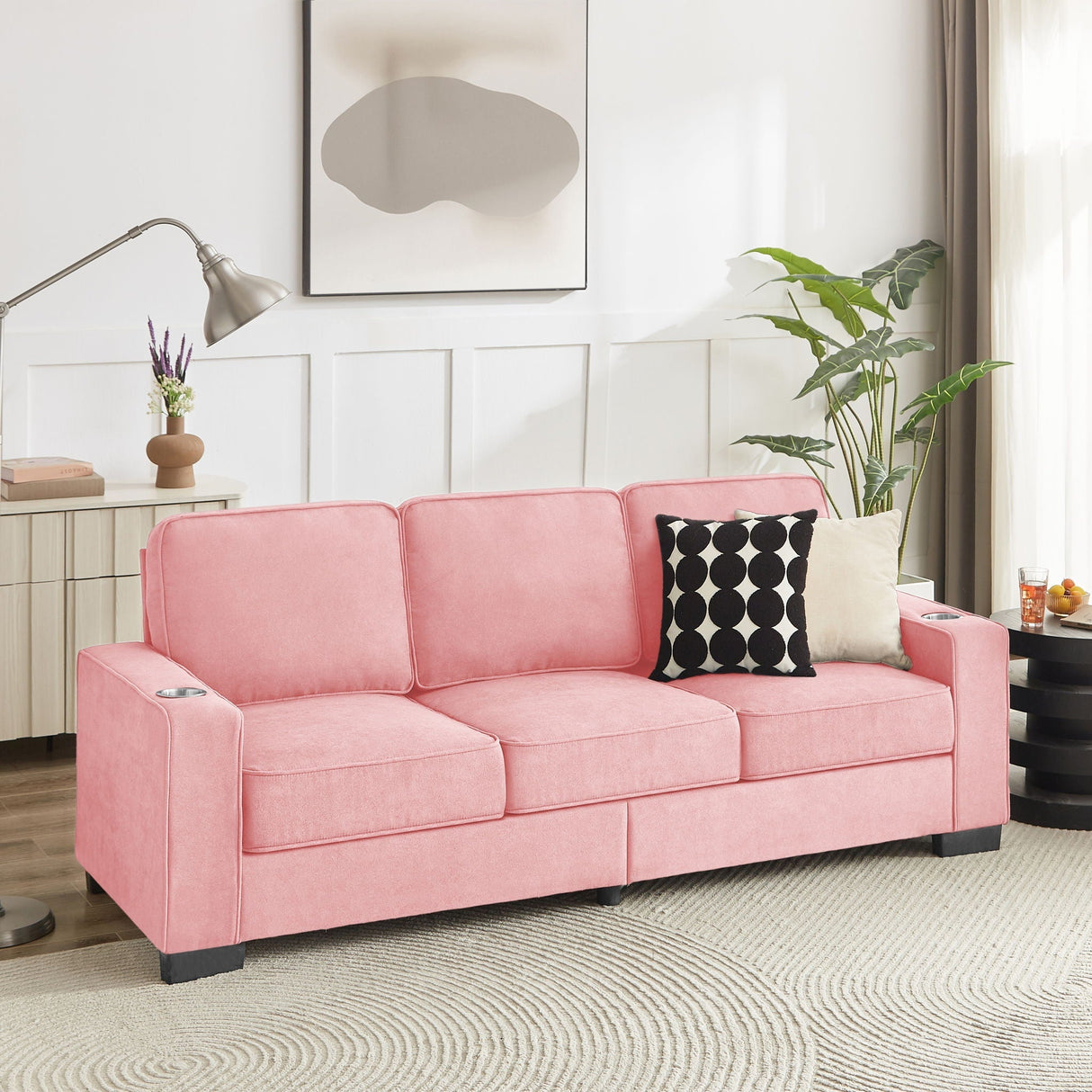 Modern Snowfleece Fabric 3 Seater Sofa With Cup Holder