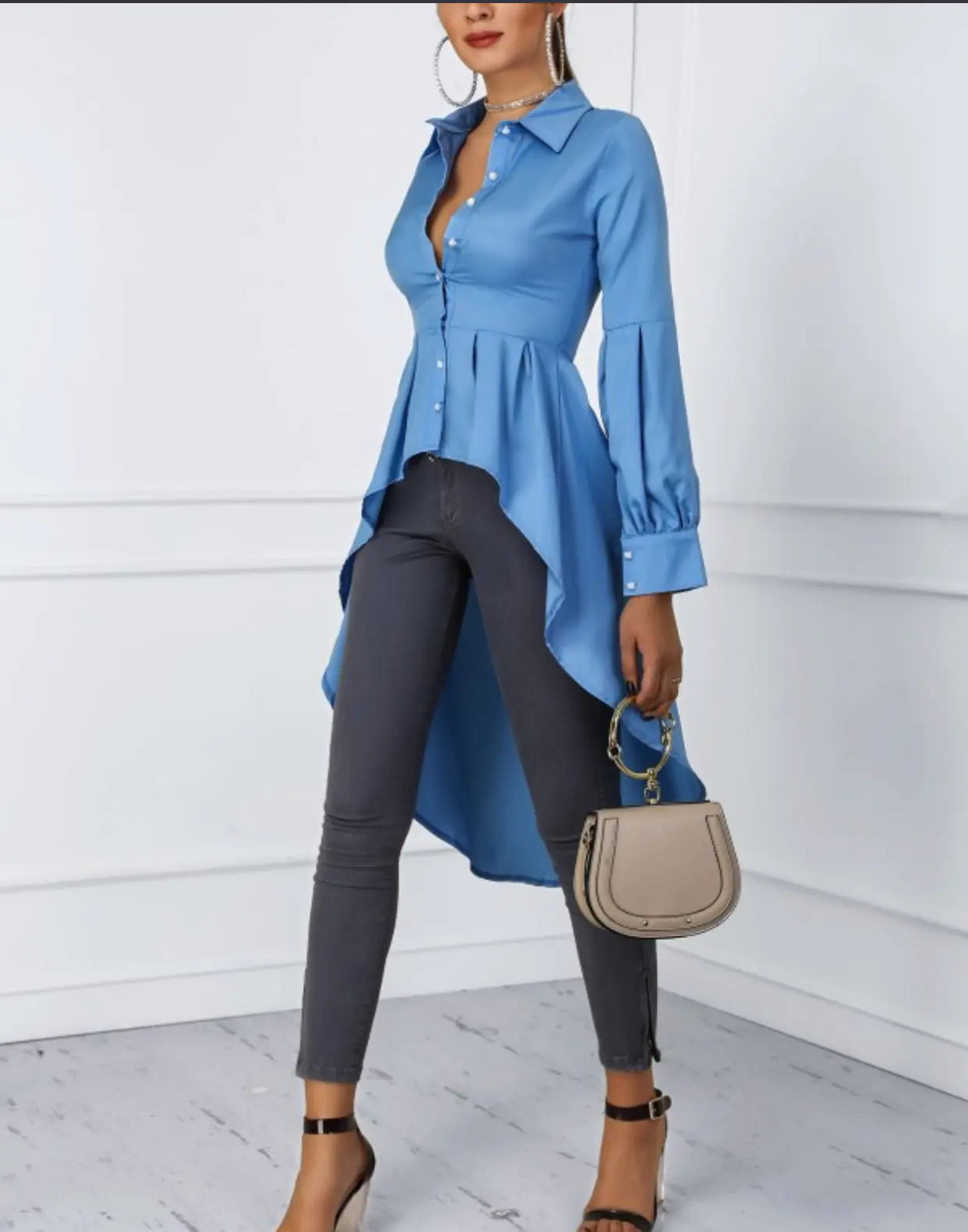 Solid Color Lantern Sleeve Tail Dress & Button Shirt Dress