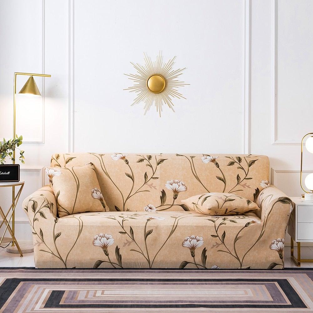 Elastic Plain Floral Printing Sofa Cover Stretch for Living Room Couch Cover Chair Protector 1/2/3/4 Seater Printed Couch Cover for 3 Cushion Couch Floral Pattern Sofa Cover with Separate Cushion Cover Pieces Stretch Sofa Slipcover