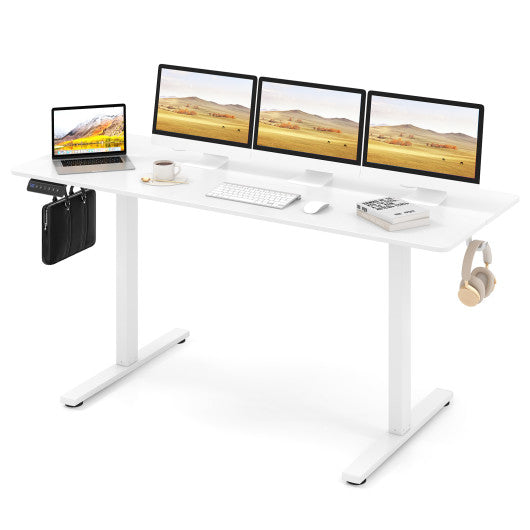 Electric Standing Desk with 3 Memory Heights and 2 Hanging Hooks and Cable Holes-White