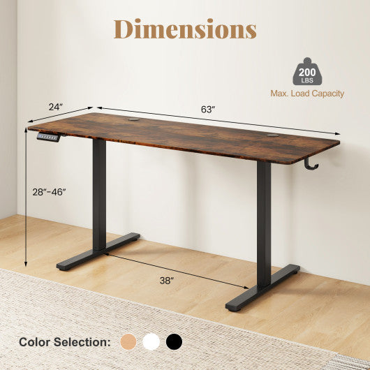 Electric Standing Desk with 3 Memory Heights and 2 Hanging Hooks and Cable Holes-Rustic Brown