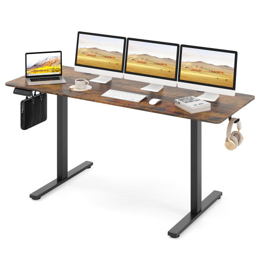 Electric Standing Desk with 3 Memory Heights and 2 Hanging Hooks and Cable Holes-Rustic Brown