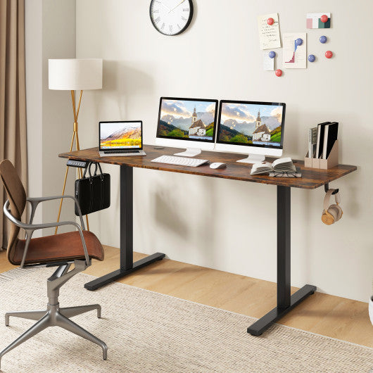 Electric Standing Desk with 3 Memory Heights and 2 Hanging Hooks and Cable Holes-Rustic Brown