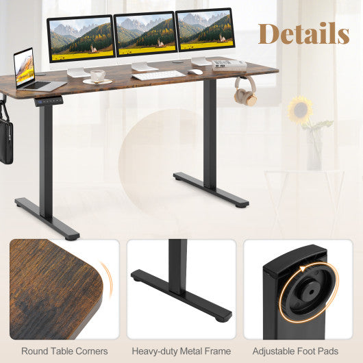 Electric Standing Desk with 3 Memory Heights and 2 Hanging Hooks and Cable Holes-Rustic Brown