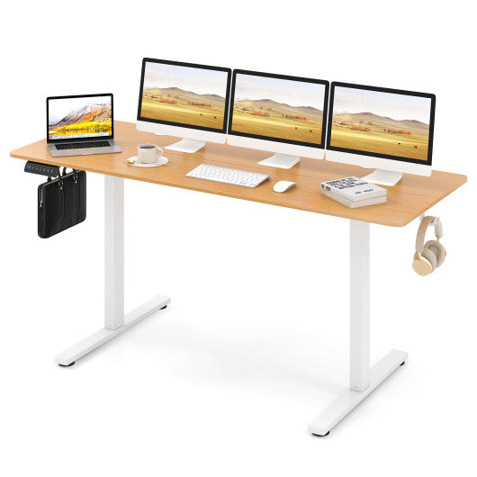 Electric Standing Desk with 3 Memory Heights and 2 Hanging Hooks and Cable Holes-Natural