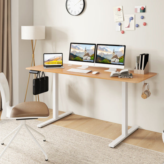 Electric Standing Desk with 3 Memory Heights and 2 Hanging Hooks and Cable Holes-Natural