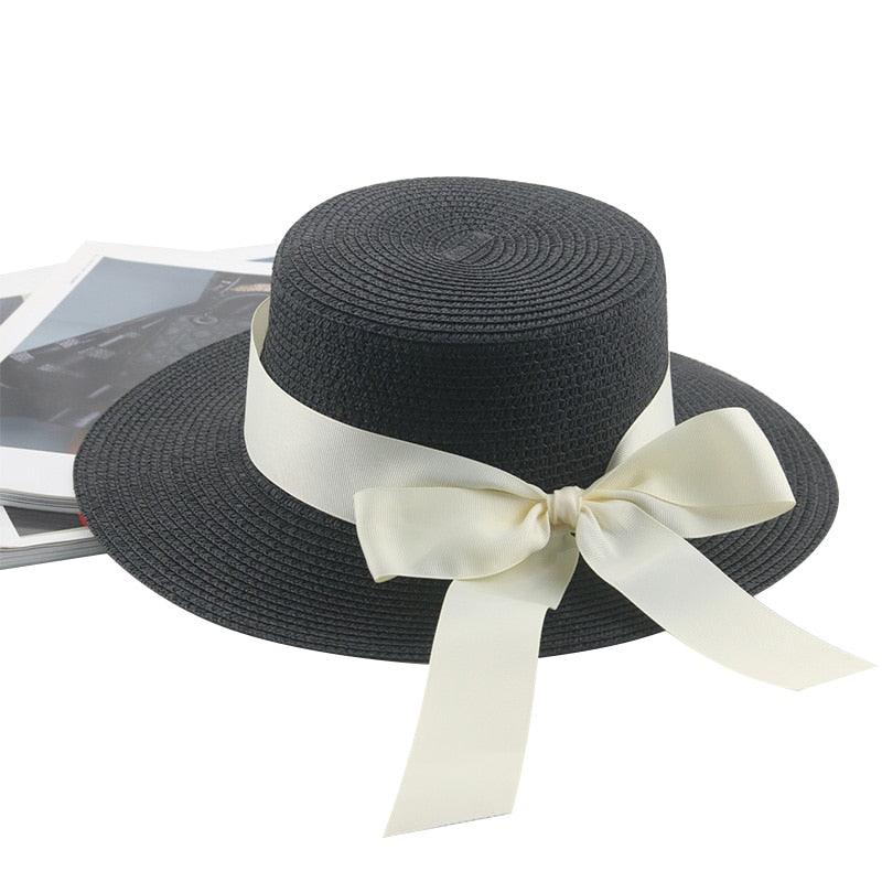 Elegant Adult Bucket Hat Beach Summer Straw Hats for Women Beach Sun Straw Hat Wide Luxury Comfortable Hat Flat Top Ribbon Bowknot Elegant Luxury Women Summer Hat 56-58cm