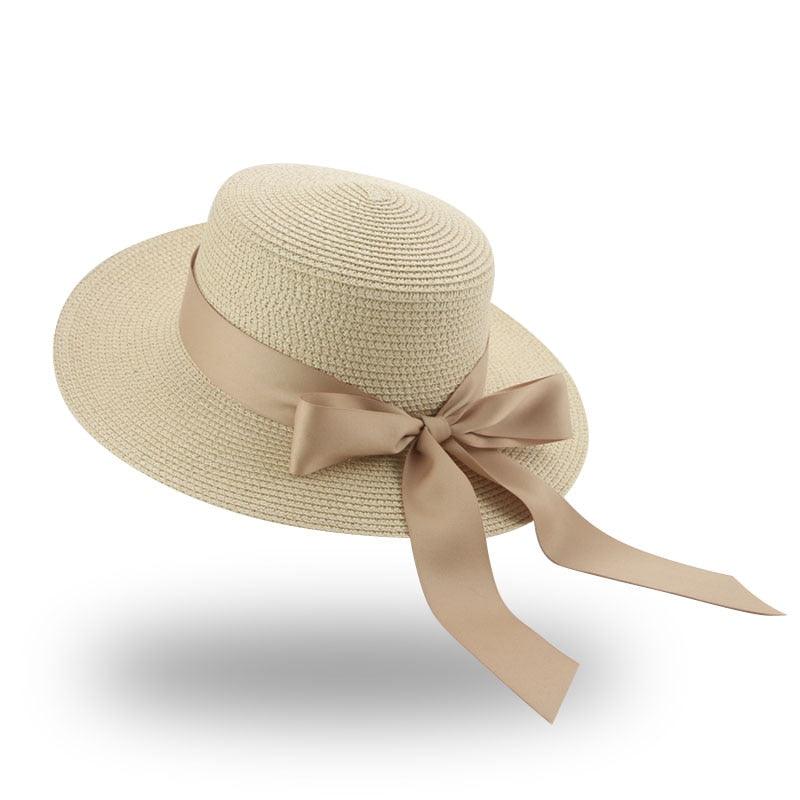 Elegant Adult Bucket Hat Beach Summer Straw Hats for Women Beach Sun Straw Hat Wide Luxury Comfortable Hat Flat Top Ribbon Bowknot Elegant Luxury Women Summer Hat 56-58cm
