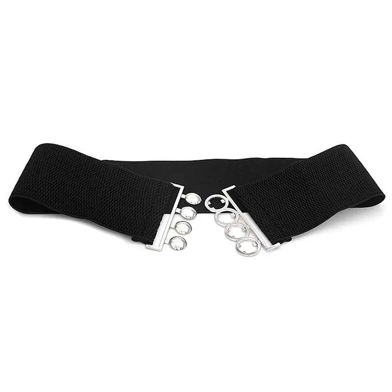 Elegant Wide Fabric Strap Silver Metal Buckle Belts For Women Trendy Women's Fashion Stretchable Classic Color Belts