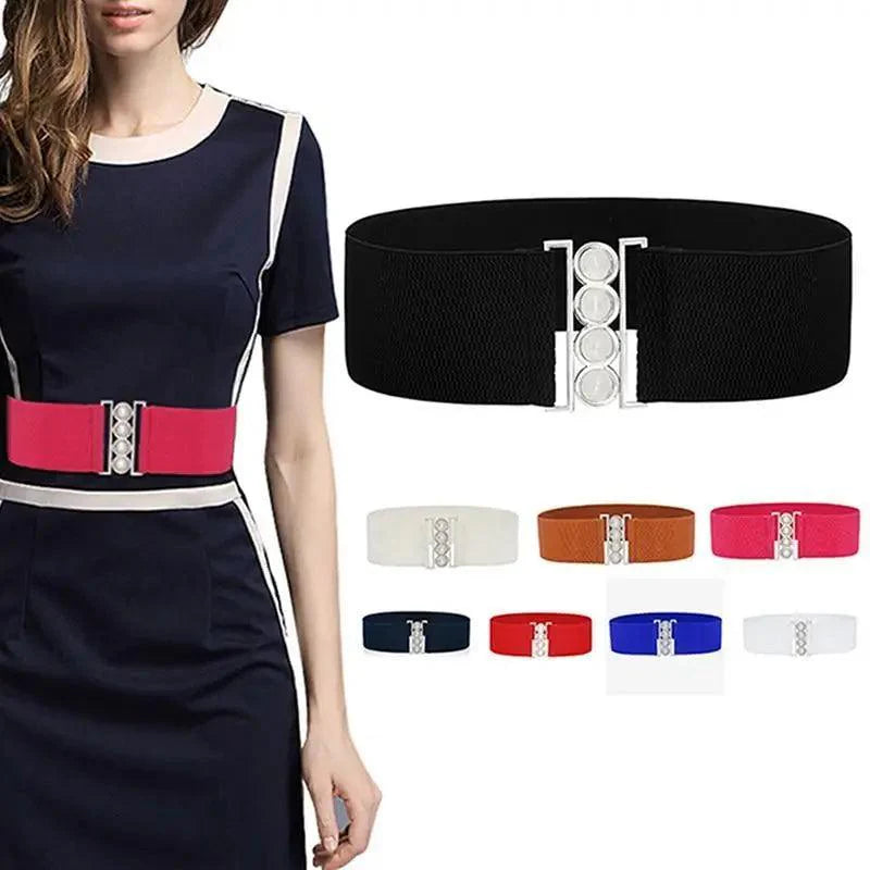 Elegant Wide Fabric Strap Silver Metal Buckle Belts For Women Trendy Women's Fashion Stretchable Classic Color Belts