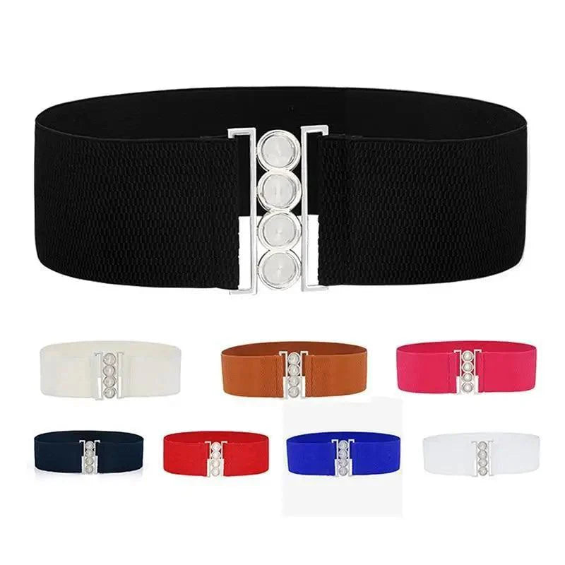 Elegant Wide Fabric Strap Silver Metal Buckle Belts For Women Trendy Women's Fashion Stretchable Classic Color Belts