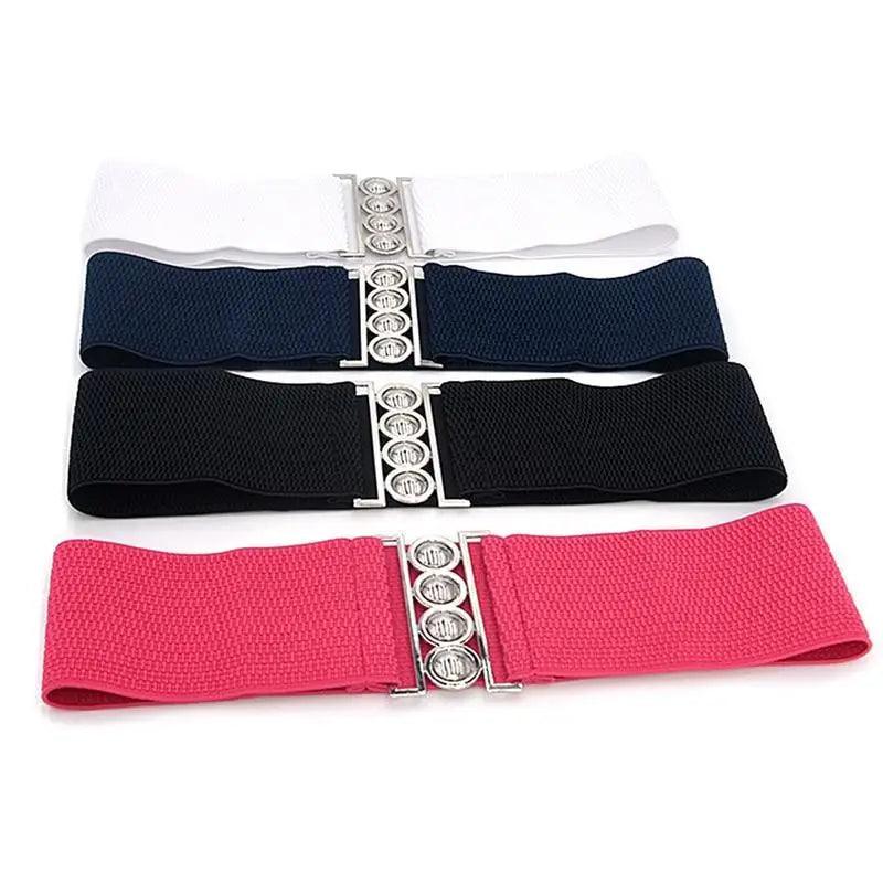 Elegant Wide Fabric Strap Silver Metal Buckle Belts For Women Trendy Women's Fashion Stretchable Classic Color Belts