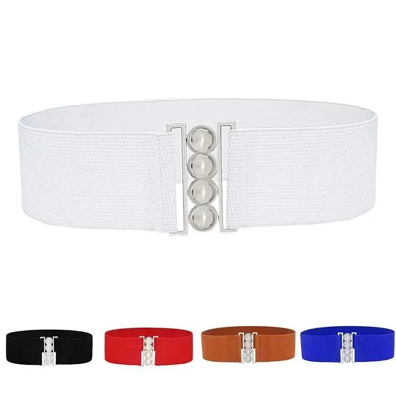 Elegant Wide Fabric Strap Silver Metal Buckle Belts For Women Trendy Women's Fashion Stretchable Classic Color Belts