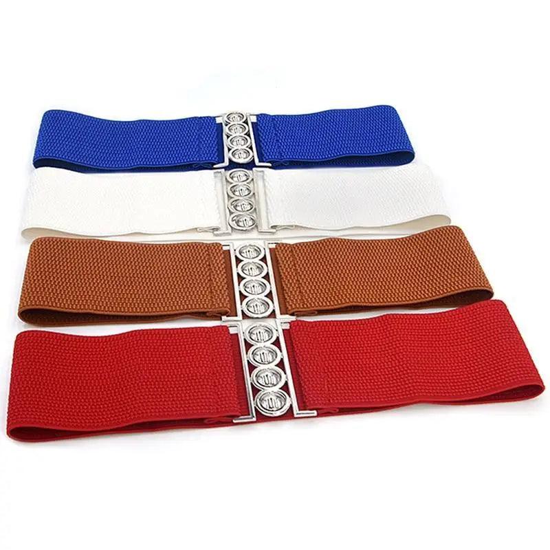 Elegant Wide Fabric Strap Silver Metal Buckle Belts For Women Trendy Women's Fashion Stretchable Classic Color Belts