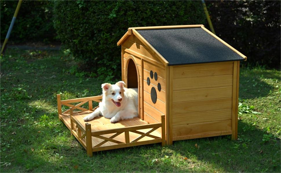 Wooden Dog House Outdoor With Porch, Dog Kennel With Water Resistant Asphalt Roof And Fencing, Indoor & Outdoor Dog Crate With Paw Print, Medium - Nature by Couch.com
