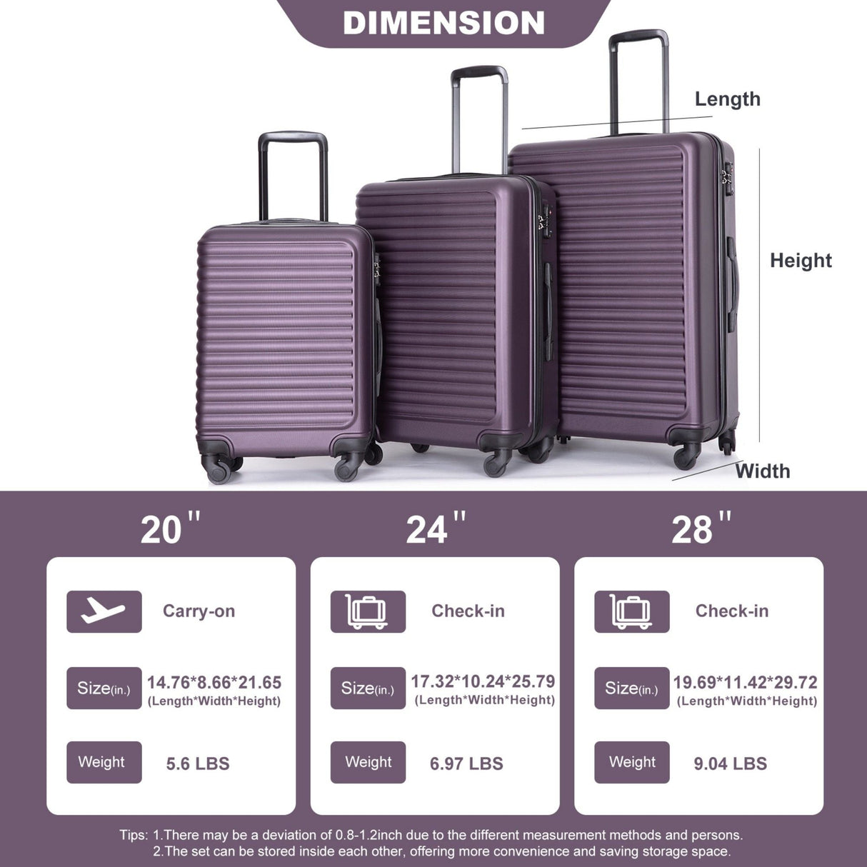 3 Piece Luggage Sets, Lightweight Suitcase With Two Hooks, Spinner Wheels, Tsa Lock by Couch.com