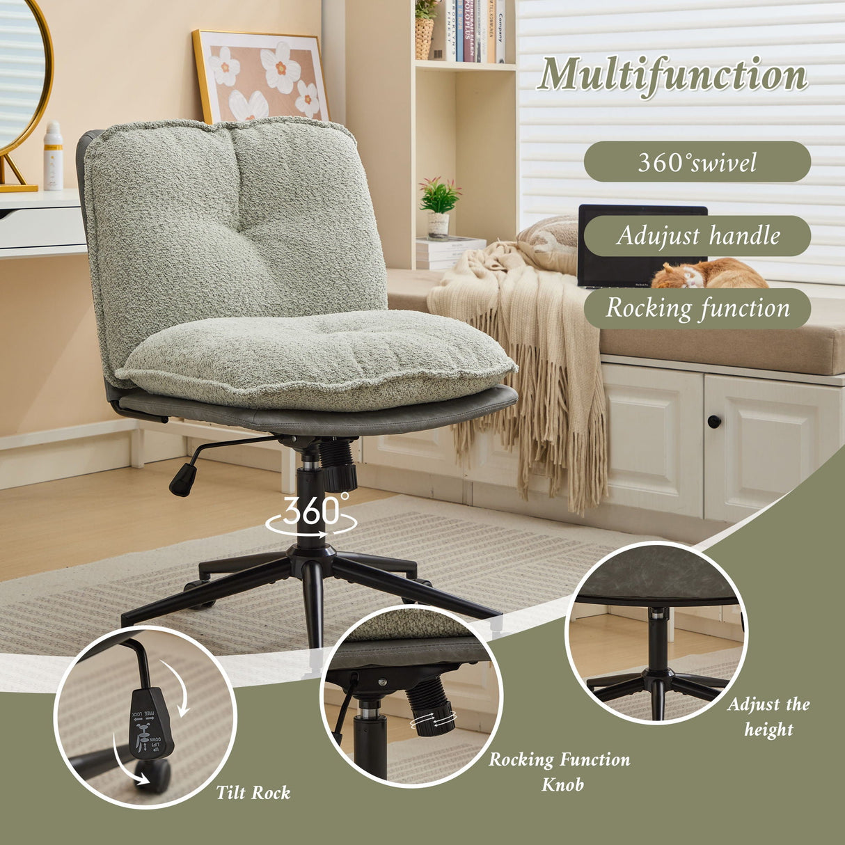 Oversize Seat Cirss Cross Chair With Wheels, Elegant Design Computer Chair, Adjustable Height 360 Degree Rolling Swivel Home Office Chair For Small Space, Dressing Room, Living Room by Couch.com