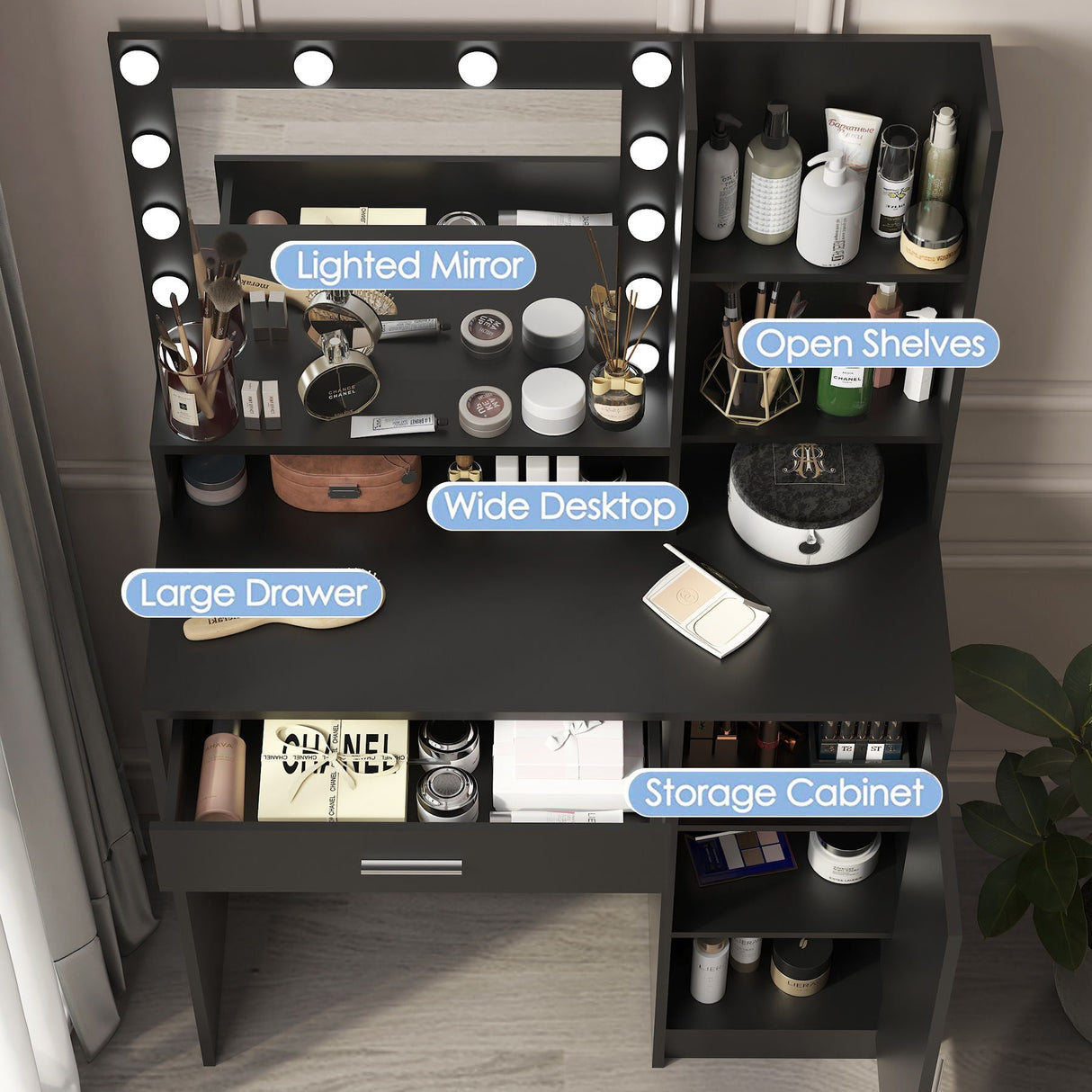 Vanity Desk With Mirror & Light, Large Drawer Three Level Storage Dresser, 3 Lighting Modes Adjustable Brightness, Bedroom Dressing Table by Couch.com