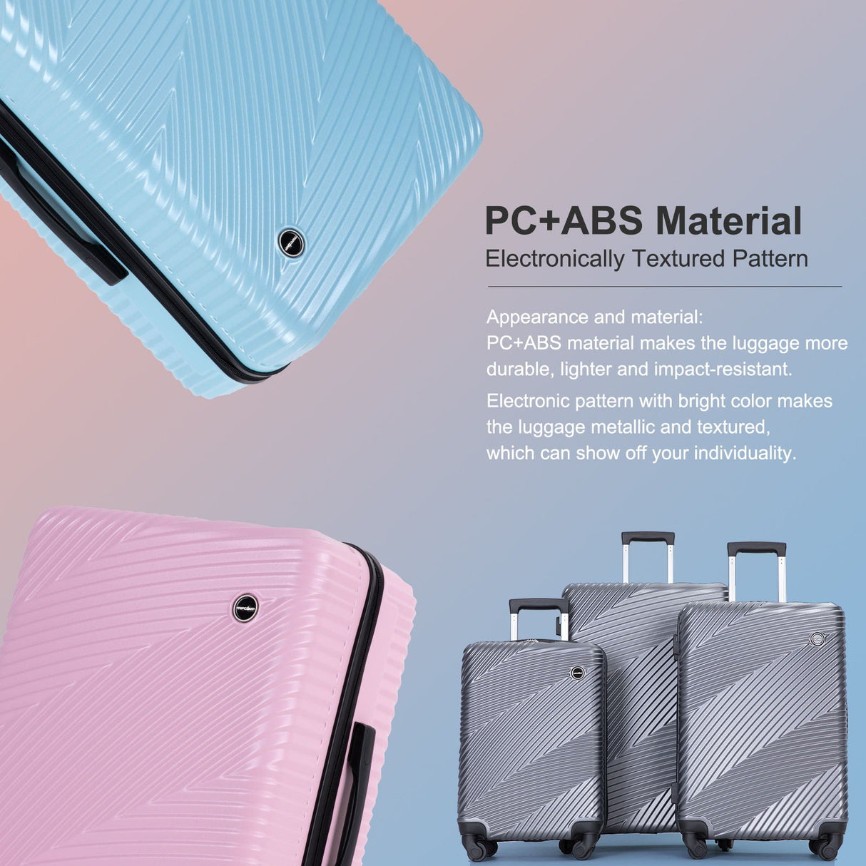 Image showcasing the 3 Piece Luggage Set in PC+ABS material: two corners, pink and blue, angled above three gray suitcases with electronically textured patterns. Highlights include durability, impact resistance, and unique design.
