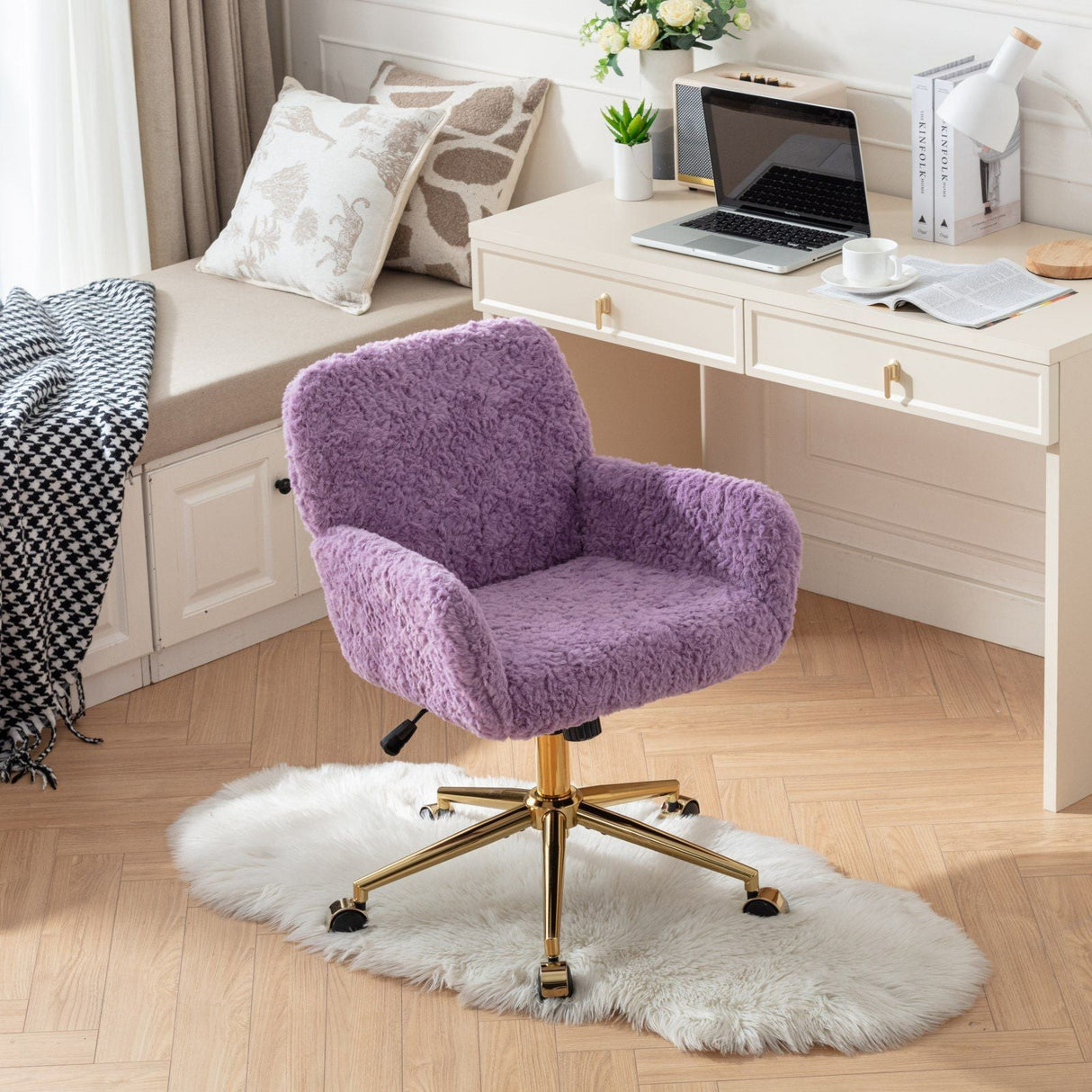 Office Chair, Artificial Rabbit Hair Home Office Chair With Golden Metal Base, Adjustable Desk Chair Swivel Office Chair, Vanity Chair by Couch.com
