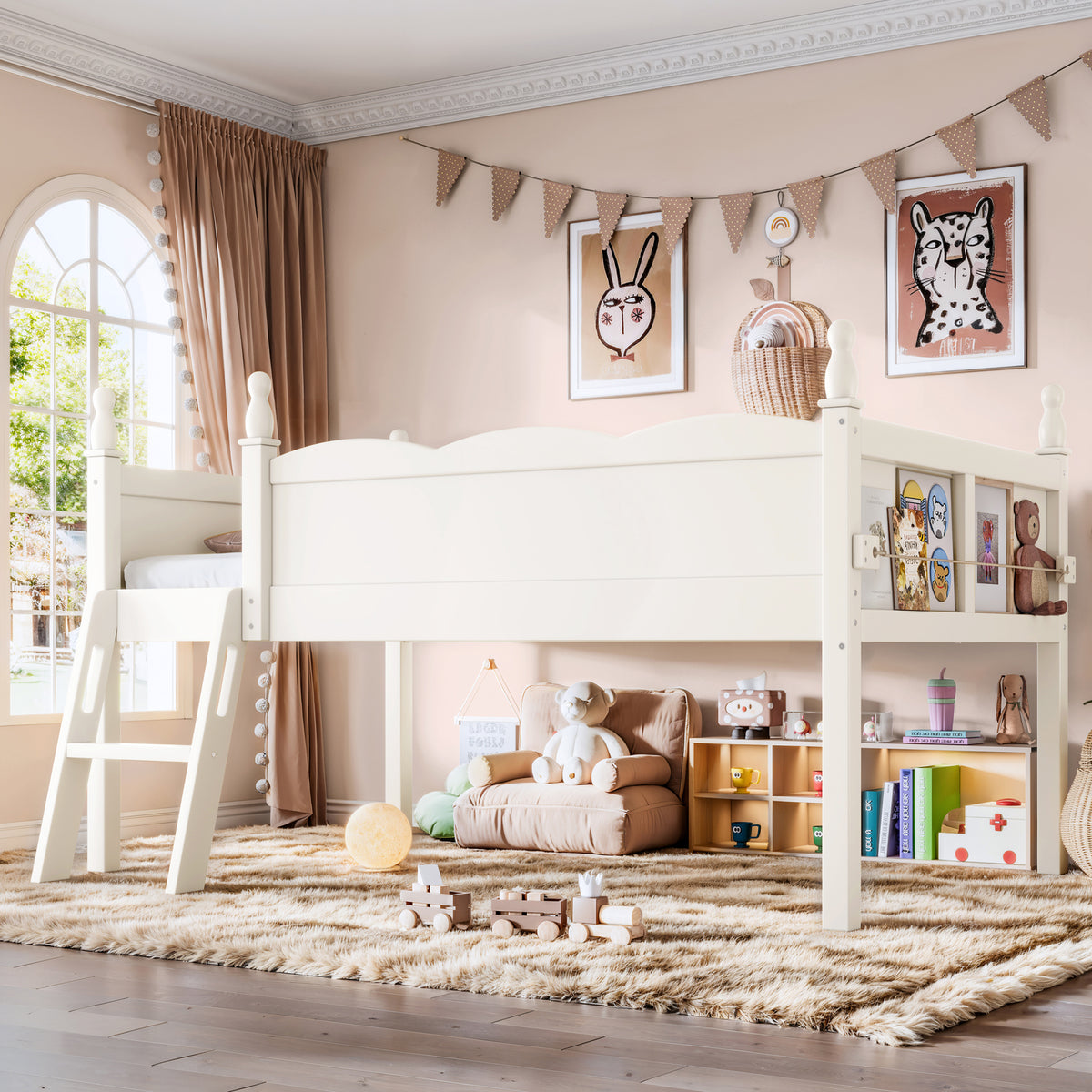 Twin Size Loft Bed with Full-Length Guardrails, Solid Wood Low Loft Bed with Ladders and Beside Book Shelf, Low Profile Design, Beige