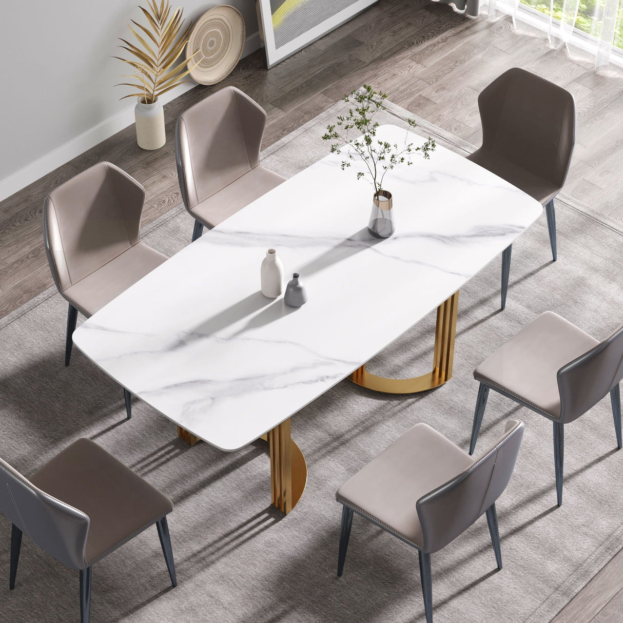 70.87" Modern Artificial Stone White Curved Golden Metal Leg Dining Table, Can Accommodate 6-8 People - White / Gold by Couch.com