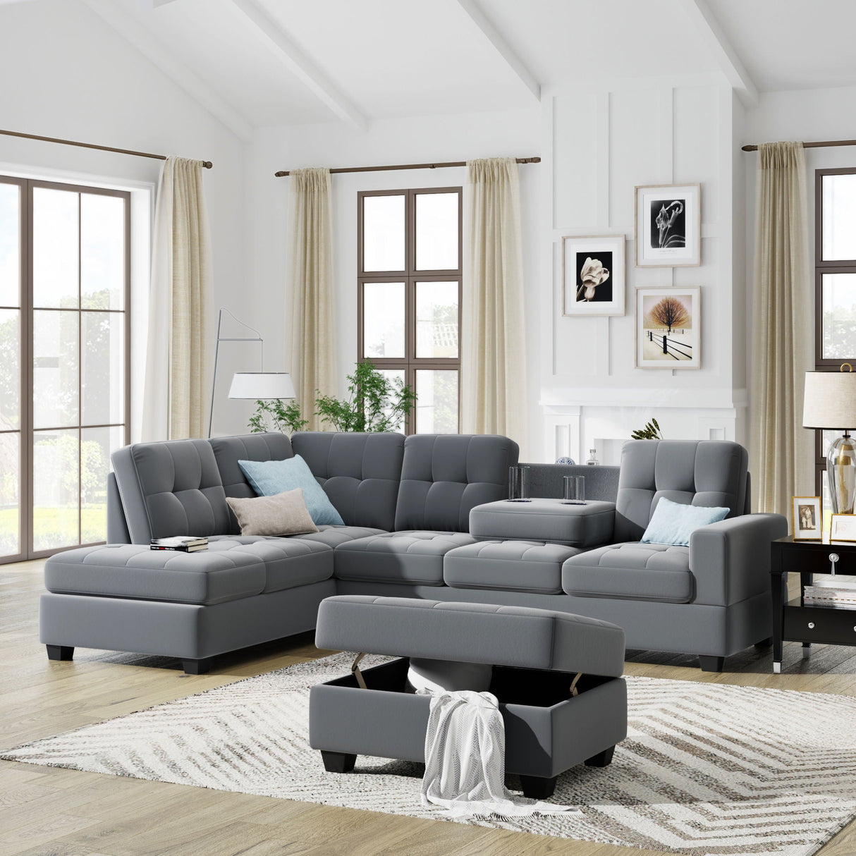 Sectional Sofa With Reversible Chaise Lounge, L-Shaped Couch With Storage Ottoman And Cup Holders by Couch.com