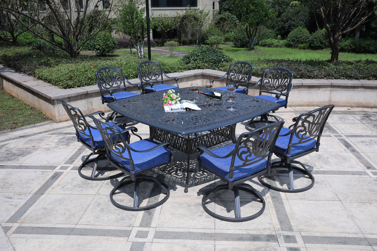 Square 8 Person 64" Long Aluminum Dining Set With Cushions by Couch.com