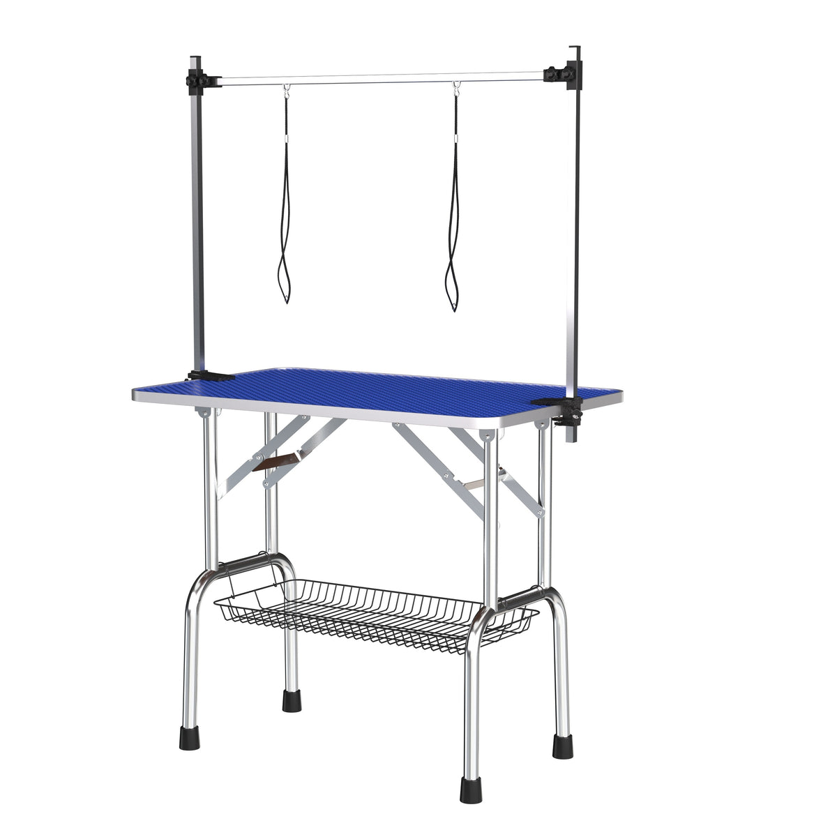 Large 46' Pet Grooming Table with Adjustable Arm and Clamps in Blue Stainless Steel for Dogs and Cats