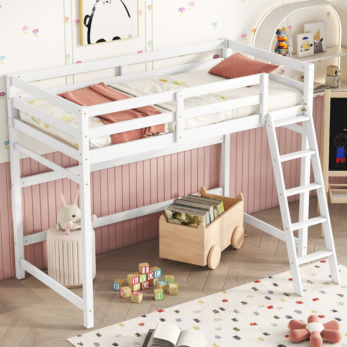 High Loft Bed With Inclined Ladder, Guardrails by Couch.com