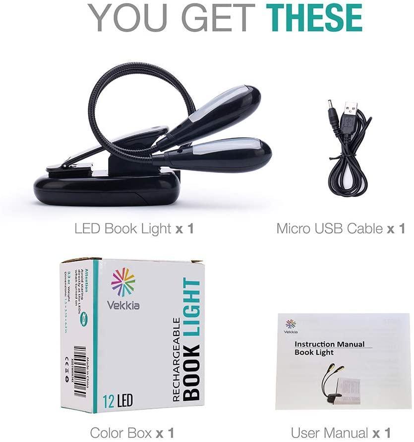 Super Adjustable Goosenecks Clip LED Lamp For Book Reading With Stand And Double Ligh Rechargeable 12 LED Warm Book Light, Clip On Bed Reading Light, Music Stand Lamp, 2 Brightness & 2 Goosenecks Light Up 2 Full Pages. Perfect For Bookworms, Kids & Music