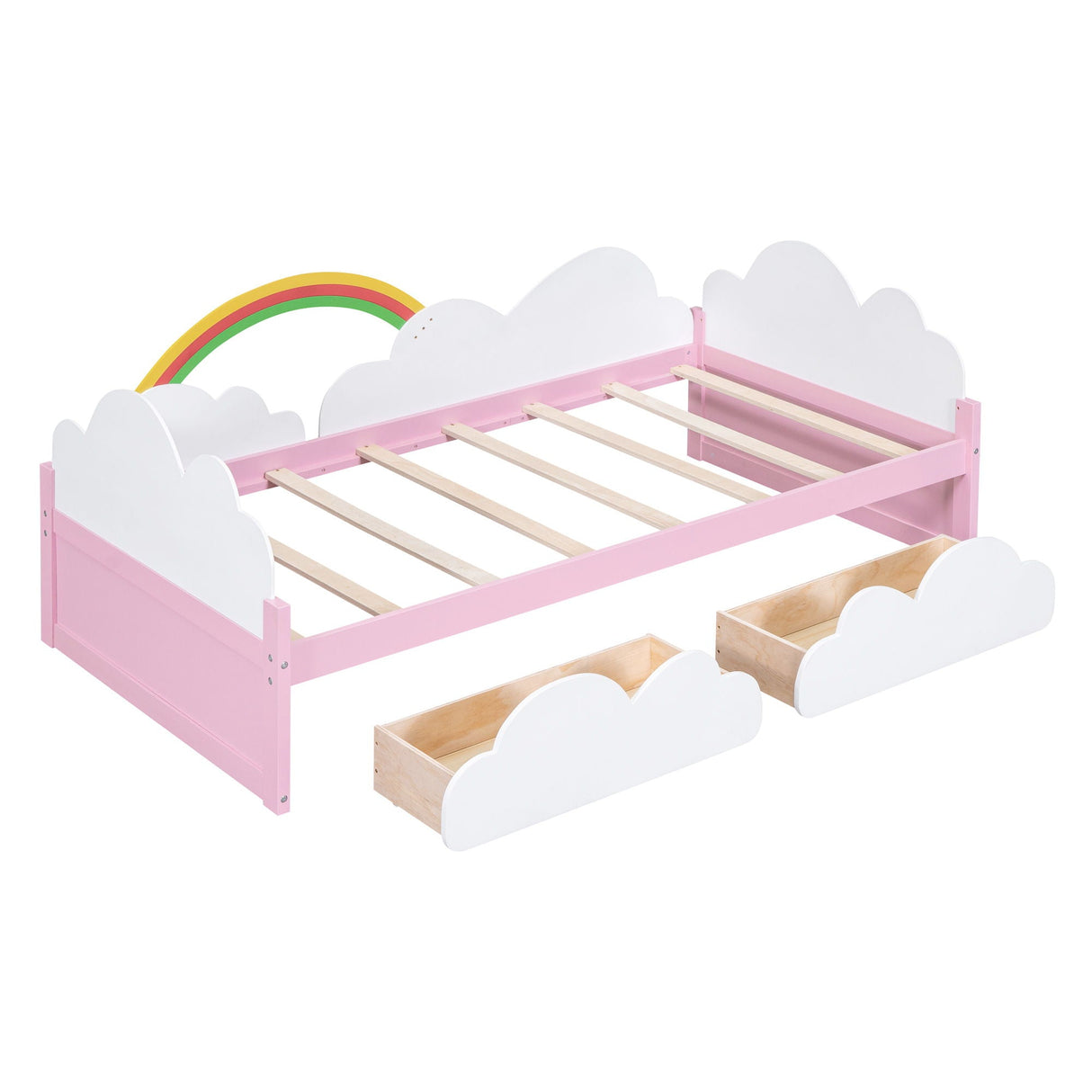Twin Size Bed With Clouds And Rainbow Decor - Pink / White by Couch.com