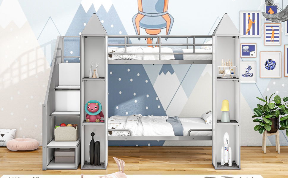 Metal Twin Over Twin Castle-Shaped Bunk Bed With Wardrobe And Multiple Storage - Gray / White by Couch.com