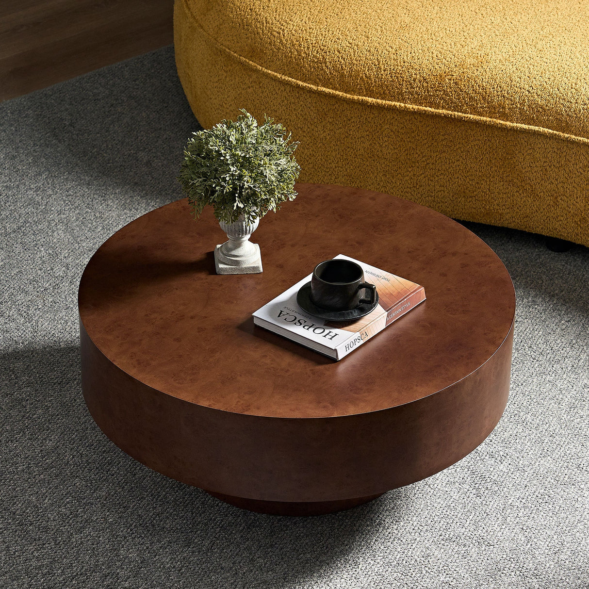 31.49'' Faux Burl Wood Pattern Round Coffee Table with Sturdy Pedestal