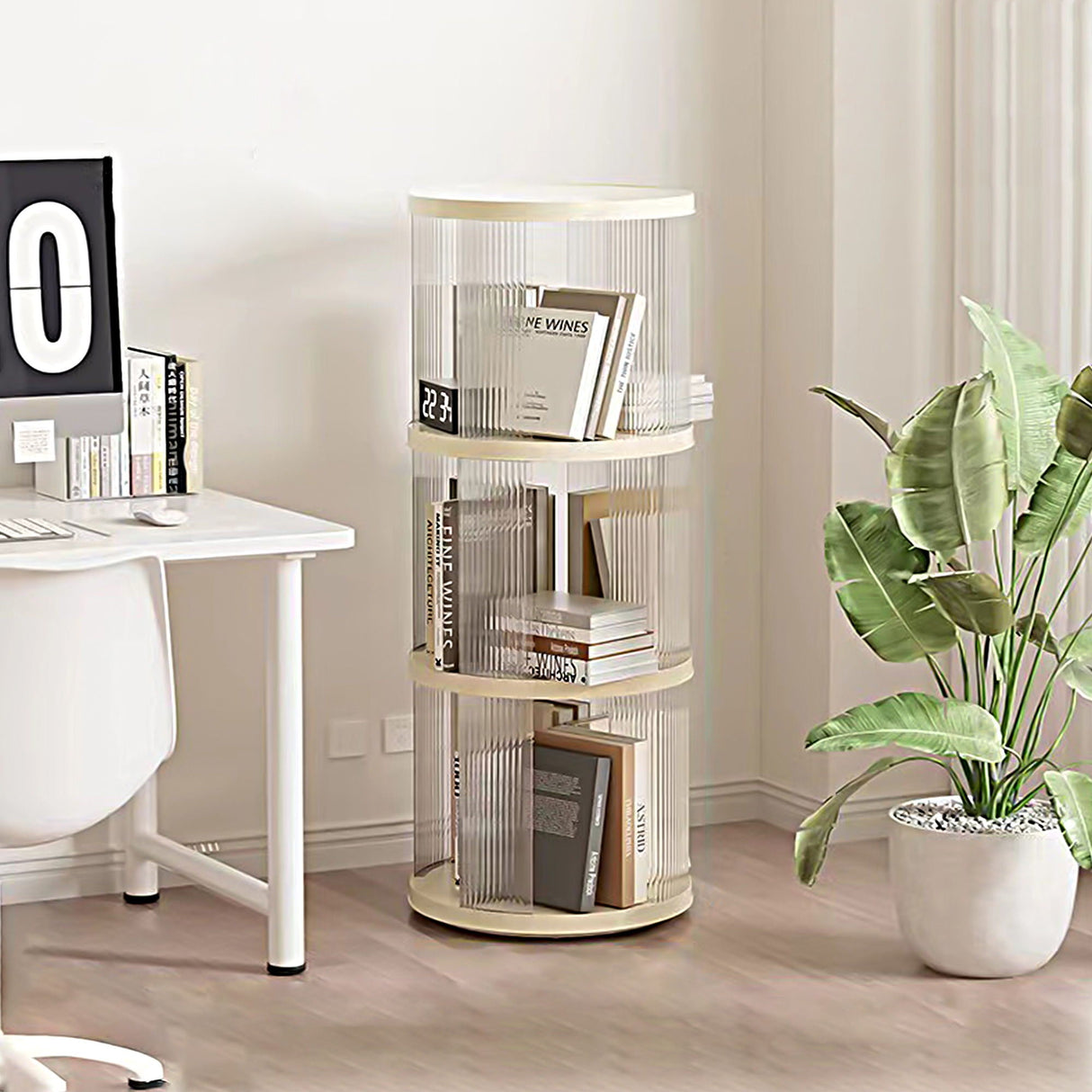 360° Rotating Bookshelf, Small Corner Bookcase, 3 Tier Floor Standing Organizer, Round - Cream White by Couch.com