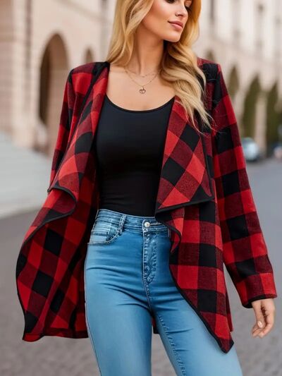 Elegant Plaid Open Front Long Sleeve Jacket Stylish & Cozy Lightweight Breathable Outerwear