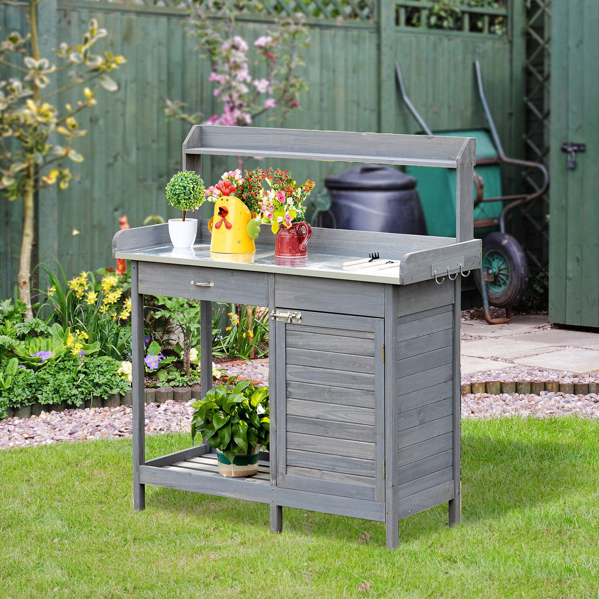 Outsunny - Outdoor Potting Bench Table, Garden Work Station With Storage Cabinet, Open Shelf And Steel Tabletop - Gray by Couch.com