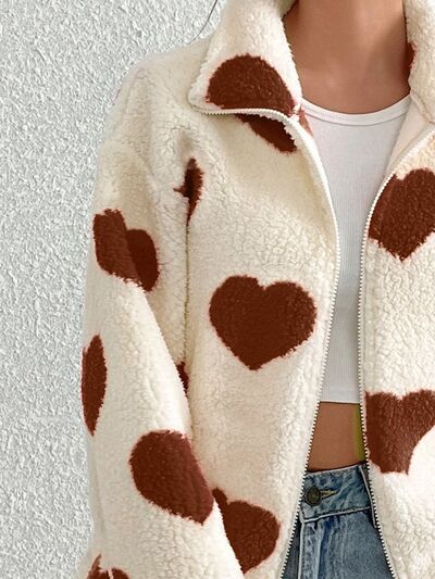 Cute Heart Zip Up Drop Shoulder Furry Jacket Cozy & Trendy Cold-Weather Essential Warm Soft Winter Jacket For Your Girl