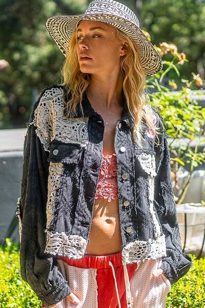 Fashionable Black Button-Up Jacket With Crochet Patches and Embroidery Unique Design Jacket