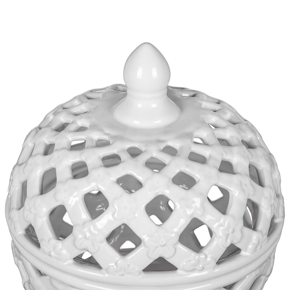Ceramic Lidded Jar With Lattice Design - White by Couch.com