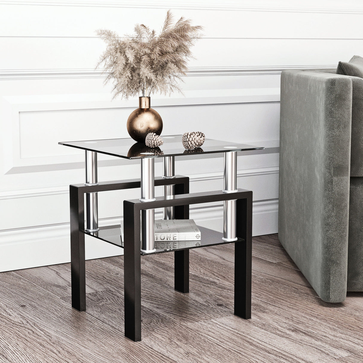 Modern Tempered Glass Tea Table, End Square Table For Living Room - Black by Couch.com