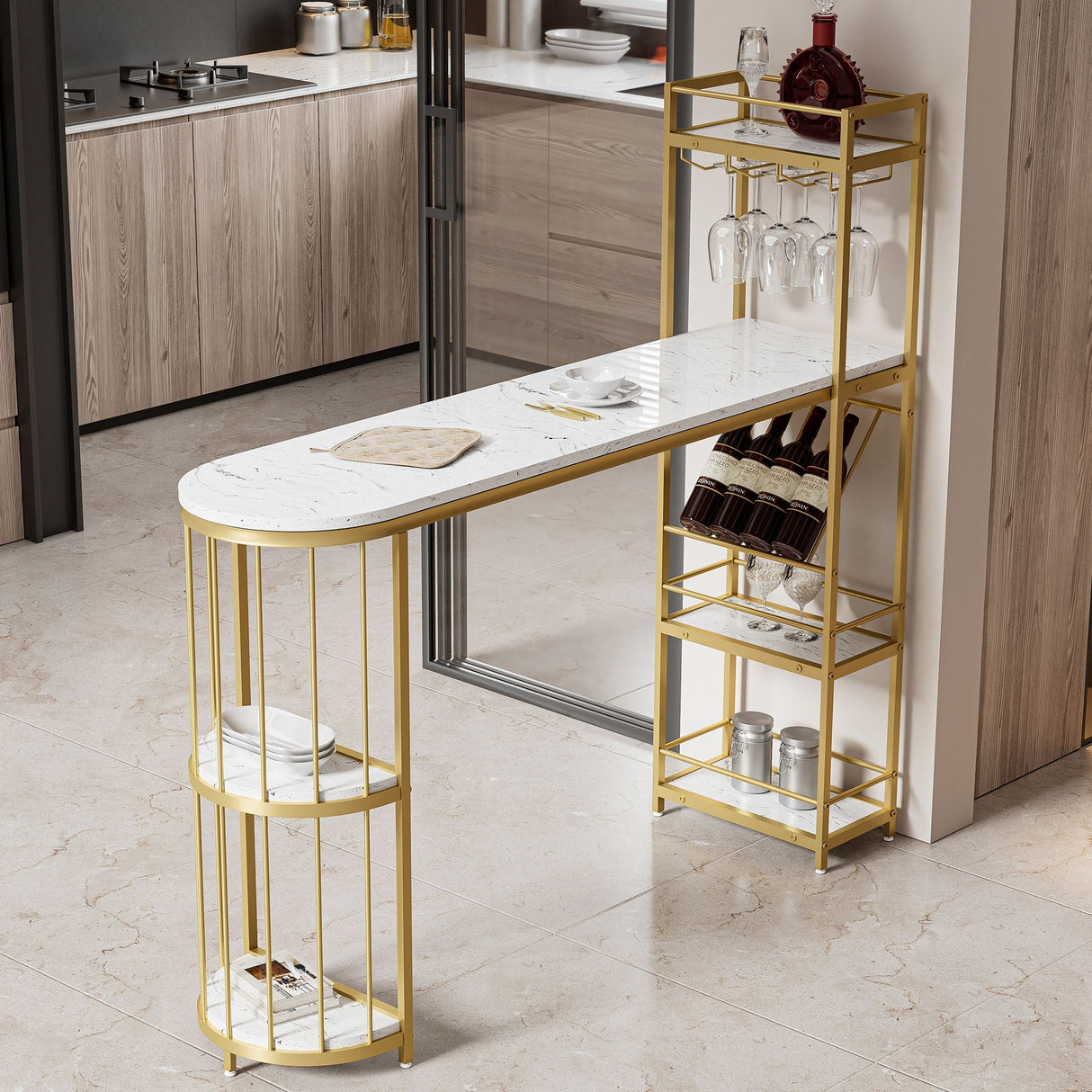 Modern White Kitchen Bar Height Dining Table Wood Breakfast Pub Table With Base With Shelves, Glass Rack, Wine Bottle Rack - White / Gold by Couch.com