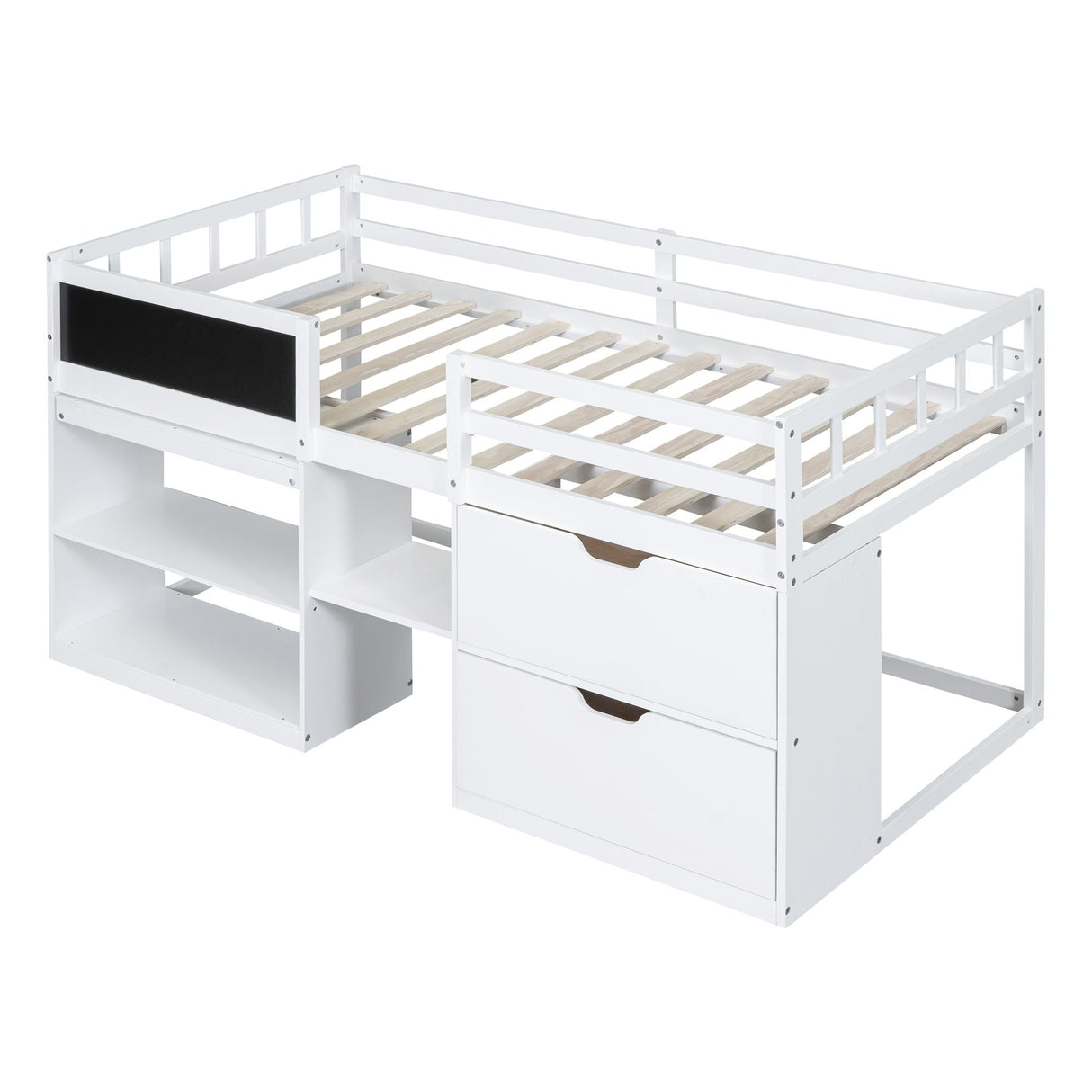 Low Loft Bed With Rolling Desk, Shelf And Drawers by Couch.com