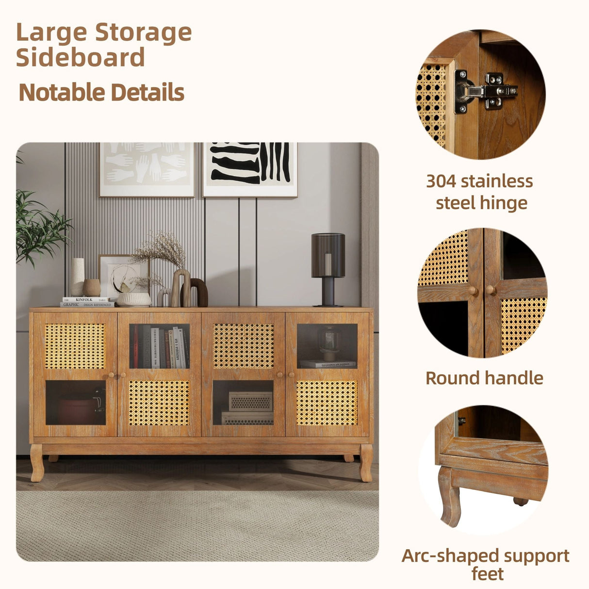 Retro Industrial 4 Door Sideboard With Large Storage, Rattan And Glass Doors by Couch.com