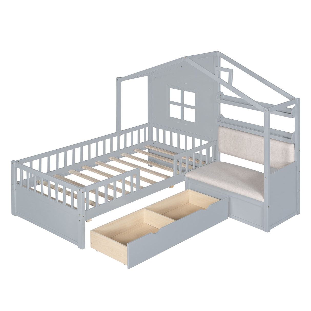House Bed With Sofa, Kids Platform Bed With 2 Drawers And Storage Shelf by Couch.com