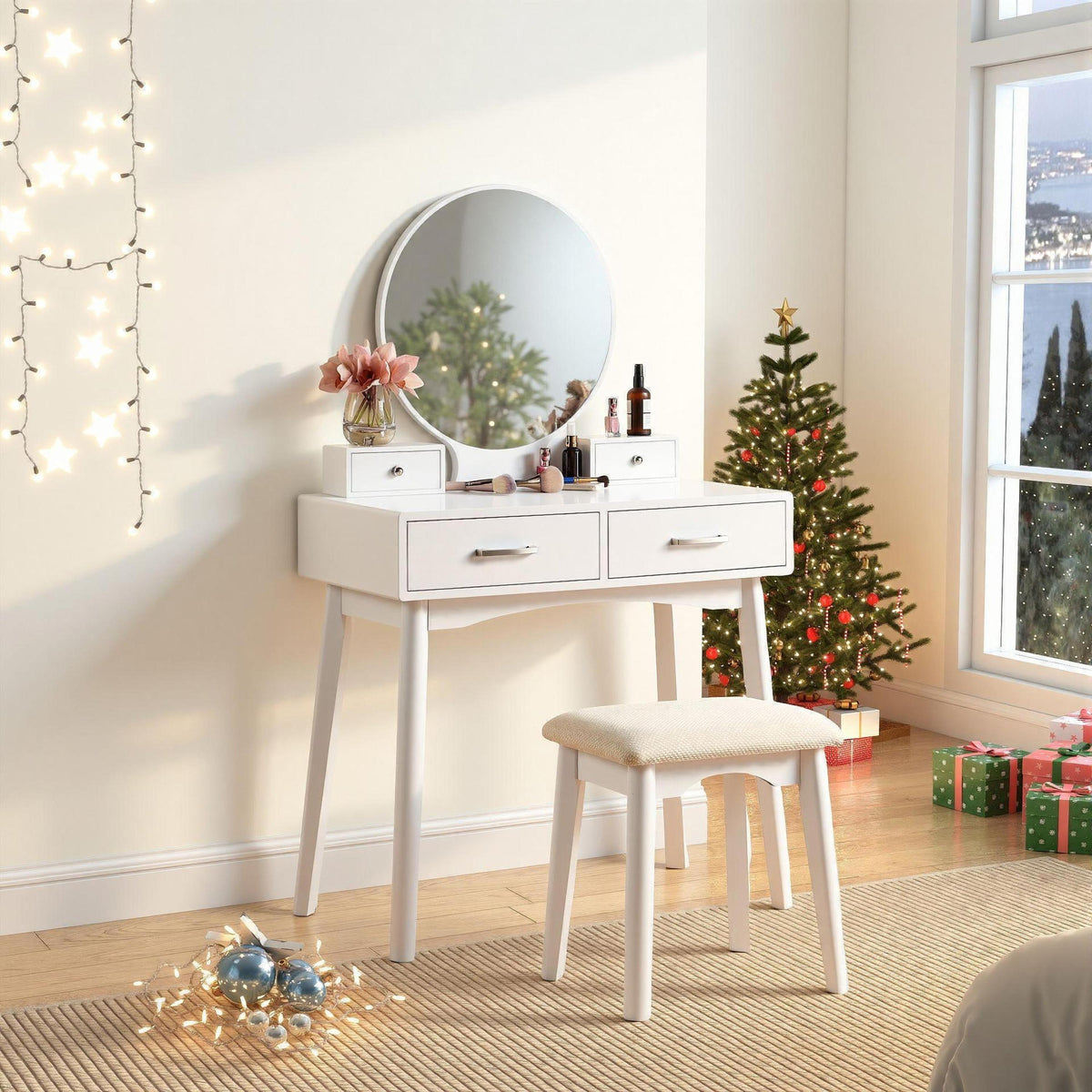 Liannon Contemporary Wood Vanity and Stool Set, White