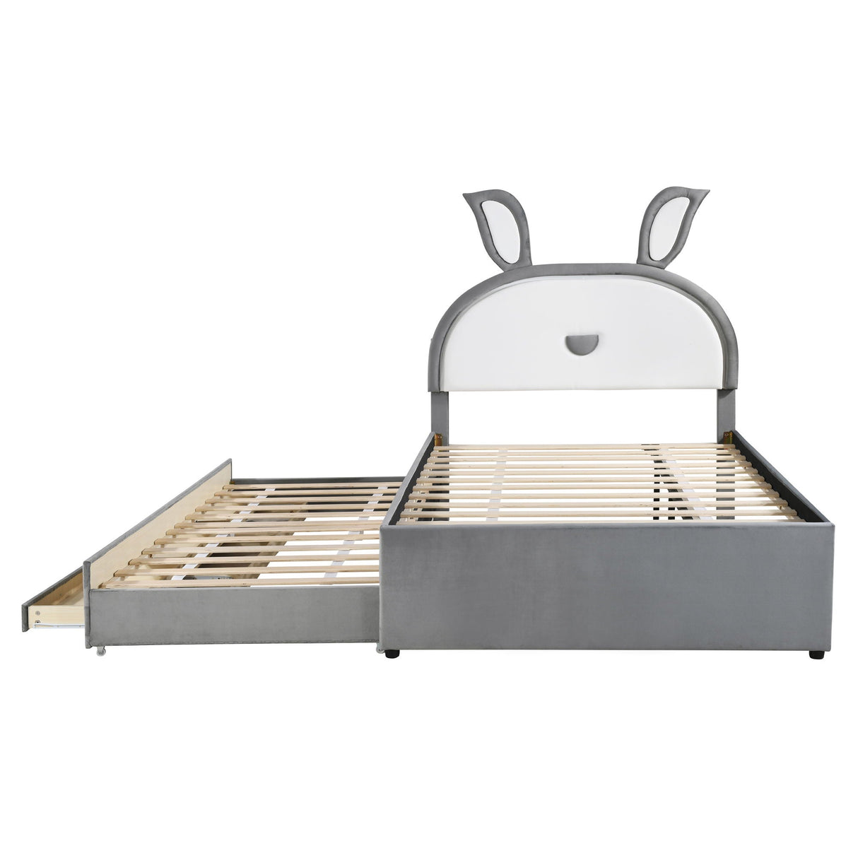 Upholstered Platform Bed With Trundle And 3 Drawers, Rabbit-Shaped Headboard With Embedded LED Lights by Couch.com